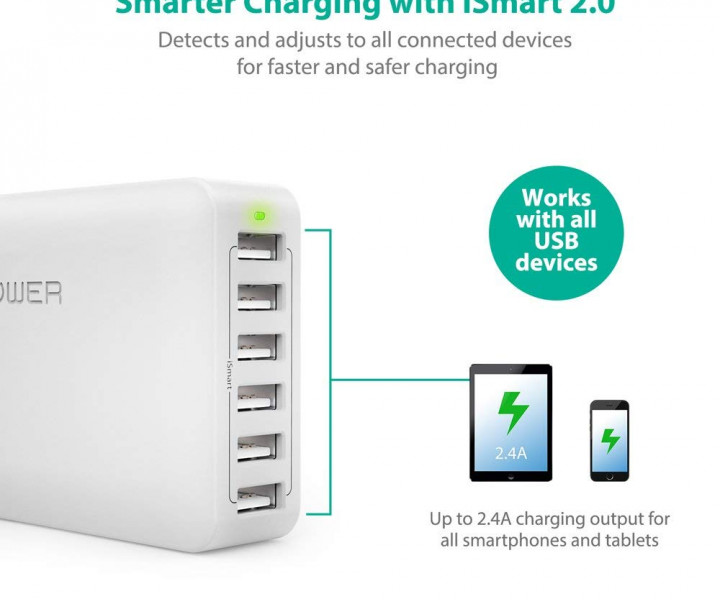  RAVPower 60W 12A 6-Port USB Desktop Charging Station with iSmart Technology White (RP-PC028WH)